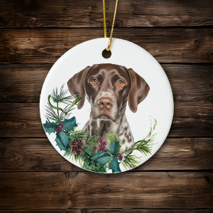 German Shorthaired Pointer Dog Holly Wreath Ceramic Ornament