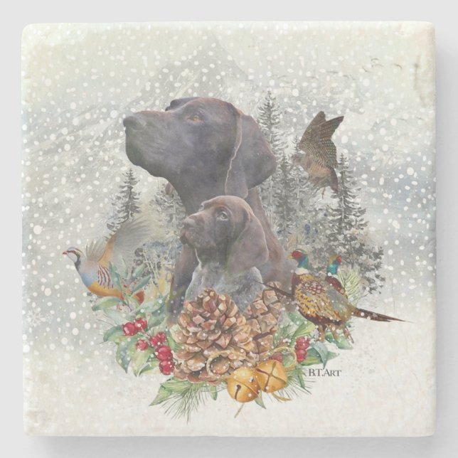 German Shorthaired Pointer in winter   Stone Coaster (Front)
