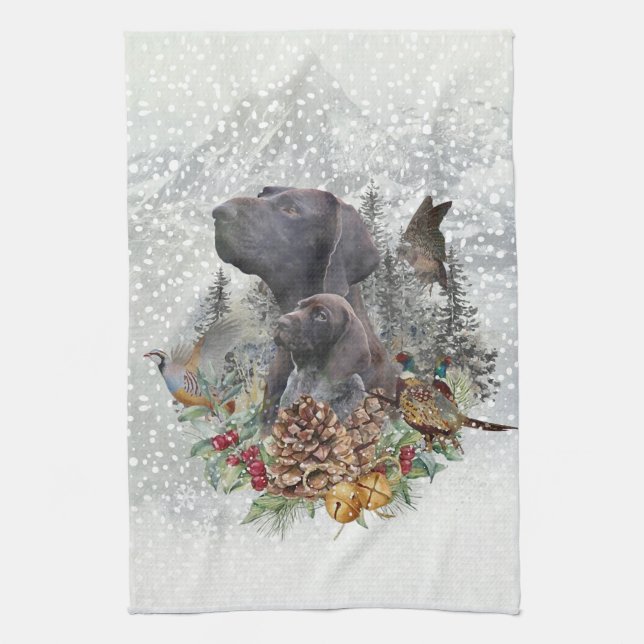 German Shorthaired Pointer in winter Tea Towel (Vertical)