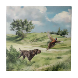 German Shorthaired Pointer Pointing at a Pheasant Ceramic Tile
