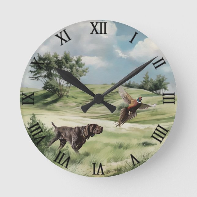 German Shorthaired Pointer Pointing at a Pheasant Round Clock (Front)
