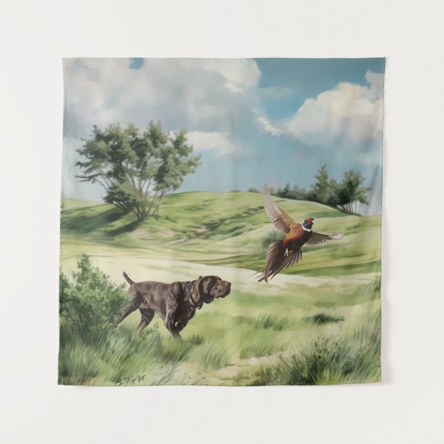 German Shorthaired Pointer Pointing at a Pheasant Tapestry (Front)