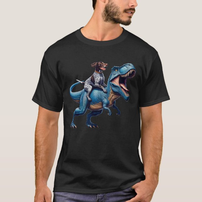 German Shorthaired Pointer Riding Dinosaur Funny T-Shirt (Front)