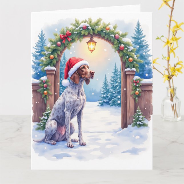 German Shorthaired Pointer Snowy Gate Santa Hat Card (Yellow Flower)