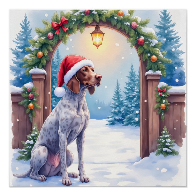 German Shorthaired Pointer Snowy Gate Santa Hat Poster (Front)