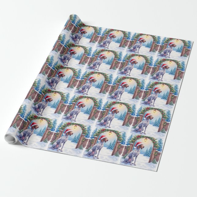 German Shorthaired Pointer Snowy Gate Santa Hat Wrapping Paper (Unrolled)