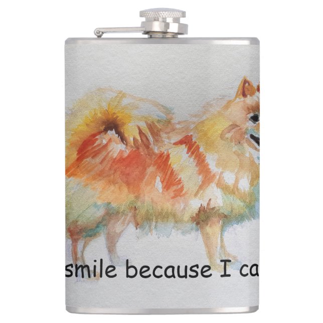 German Spitz Dog 'I Smile Because I Can' Card Hip Flask (Front)