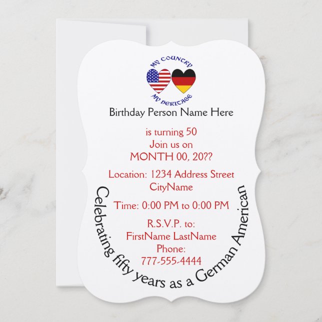 German USA Heart Flags Heritage  Invitation (Front)