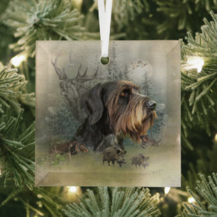 German Wirehaired Pointer, Boar Hunting    Glass O Glass Tree Decoration