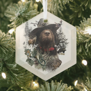 German Wirehaired Pointer, Boar Hunting    Glass Tree Decoration