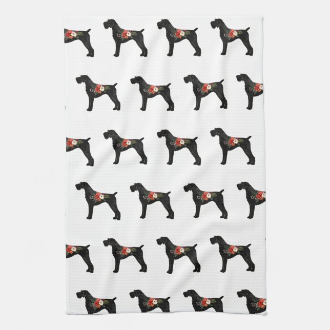 German Wirehaired Pointer Boho Floral Silhouette Tea Towel (Vertical)