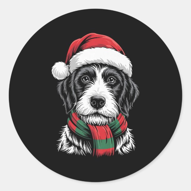 German Wirehaired Pointer Dog Santa Hat Scarf Xmas Classic Round Sticker (Front)