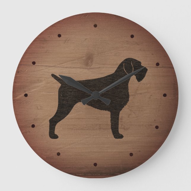 German Wirehaired Pointer Silhouette Rustic Style Large Clock (Front)