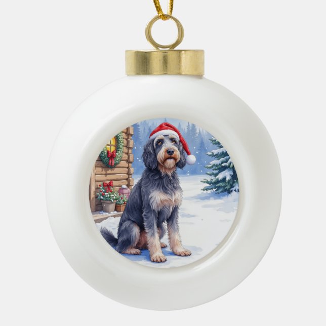German Wirehaired Pointer Snowy Lodge Santa Hat Ceramic Ball Christmas Ornament (Front)