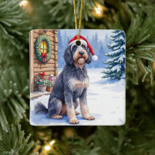 German Wirehaired Pointer Snowy Lodge Santa Hat Ceramic Ornament