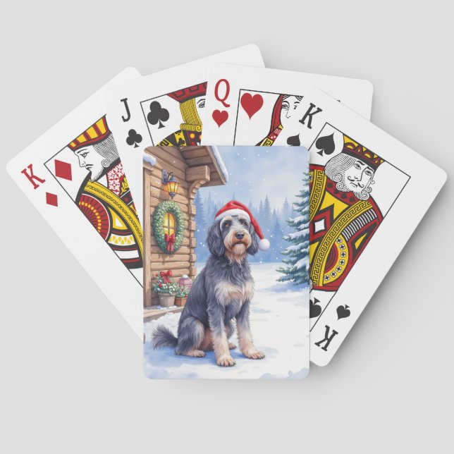 German Wirehaired Pointer Snowy Lodge Santa Hat Playing Cards (Back)