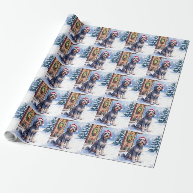 German Wirehaired Pointer Snowy Lodge Santa Hat Wrapping Paper (Unrolled)