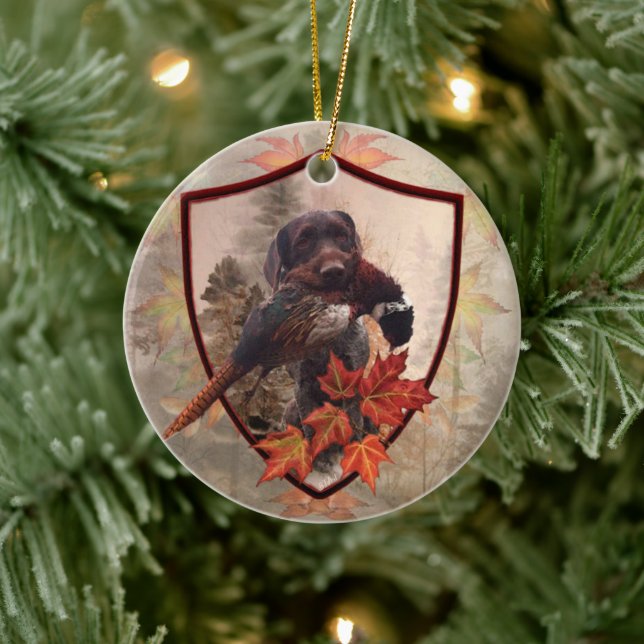 German Wirehaired Pointer with pheasant in hunting Ceramic Ornament (Tree)