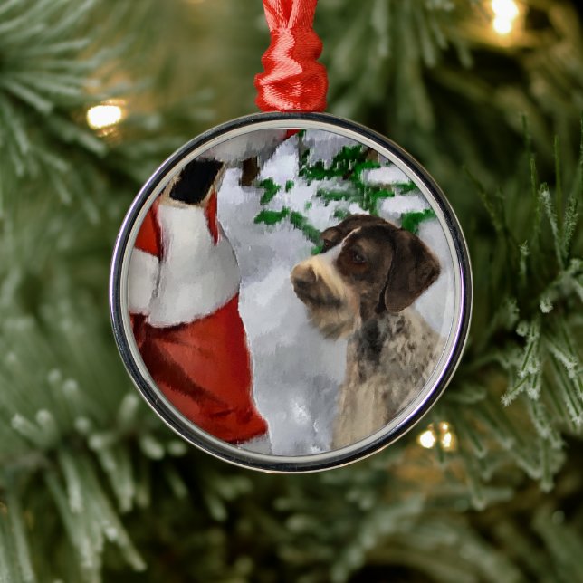 German Wirehaired Pointer With Santa Christmas  Metal Ornament (Tree)