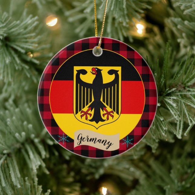 Germany, Red buffalo plaid & German Flag Ceramic Ornament (Tree)