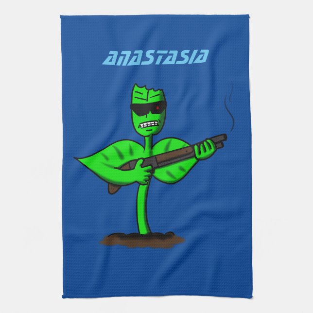 Germinator cyborg plant funny cartoon tea towel (Vertical)
