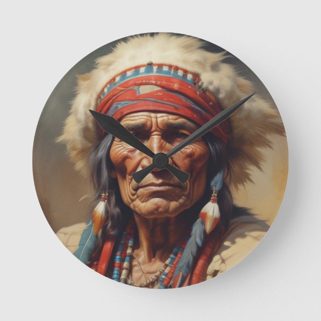 Geronimo Indian Chief Warrior Portrait Round Clock (Front)