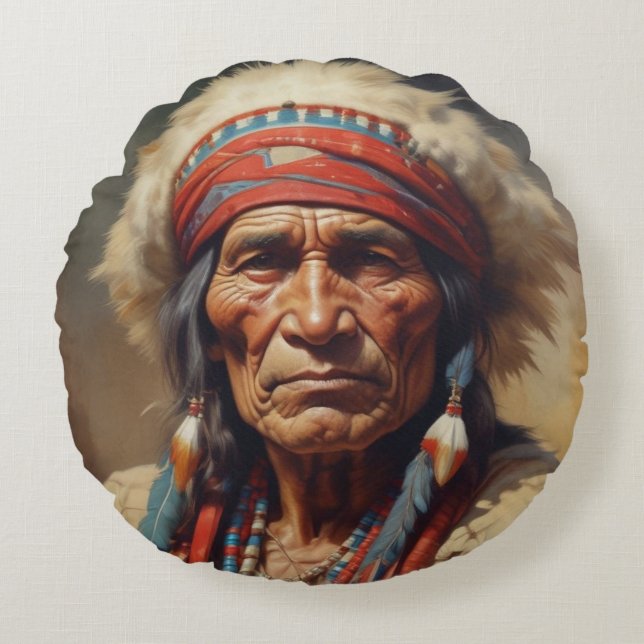 Geronimo Indian Chief Warrior Portrait Round Cushion (Front)