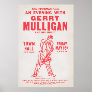 Gerry Mulligan jazz poster - Town Hall - 1959 (red