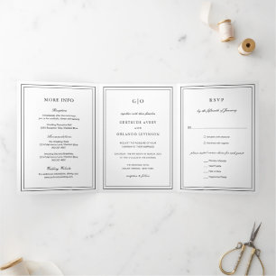 Gertrude Black and White Classic Elegant Wedding Tri-Fold Invitation