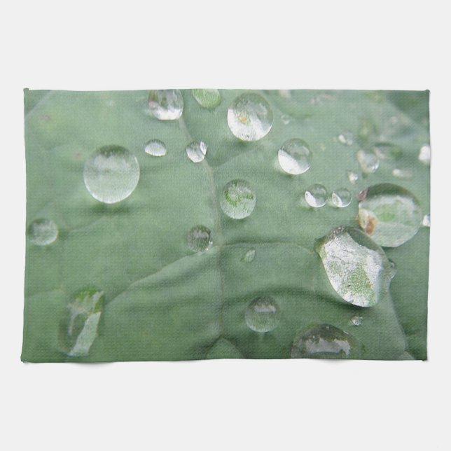 Geschirrtuch Wassertropfen auf grau-grünem Blatt Tea Towel (Horizontal)