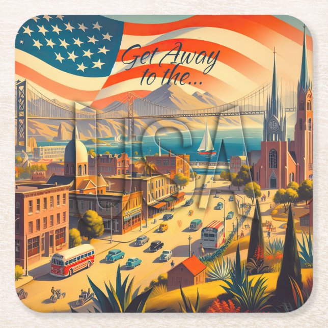 Get Away to the USA Square Paper Coaster (Front)