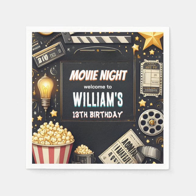 Get boy Camping Popcorn Movie Night 13th birthday Napkin (Front)
