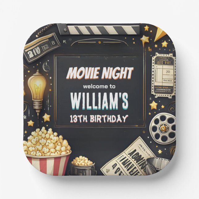 Get boy Camping Popcorn Movie Night 13th birthday Paper Plate (Front)