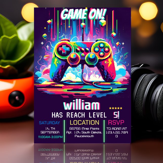 Get boys cool kids gaming level up 5th birthday invitation (Creator Uploaded)