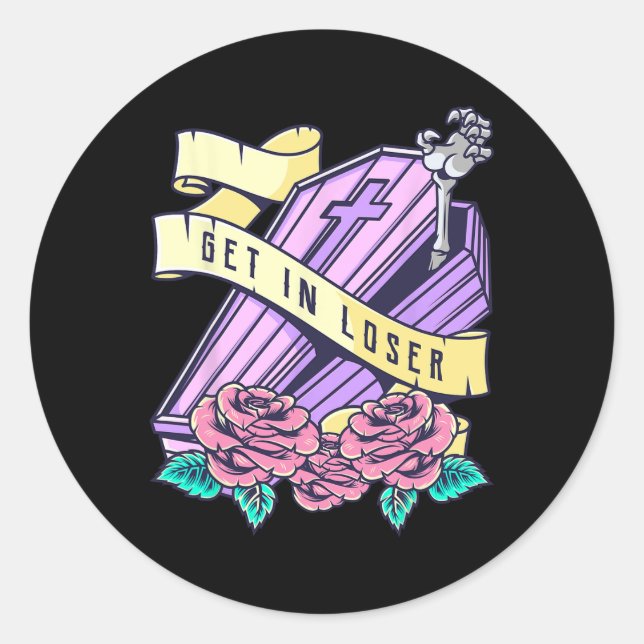 Get In Loser Coffin Pastel Goth Kawaii Halloween A Classic Round Sticker (Front)