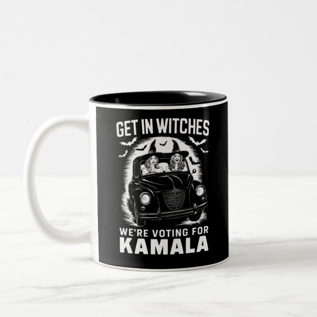 Get in Witches We're Voting for Kamala Halloween  Two-Tone Coffee Mug (Left)