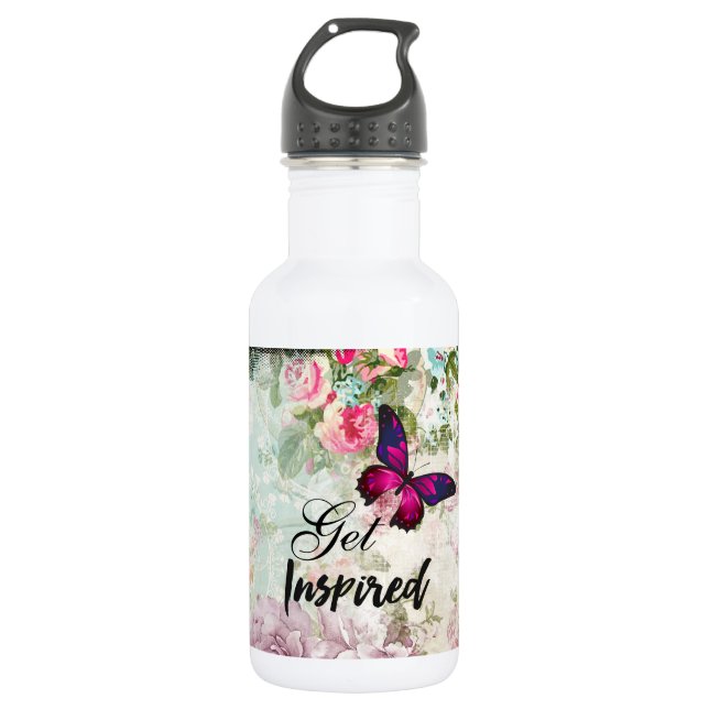 Get Inspired Quote & Pink Butterfly Shabby Collage 532 Ml Water Bottle (Front)