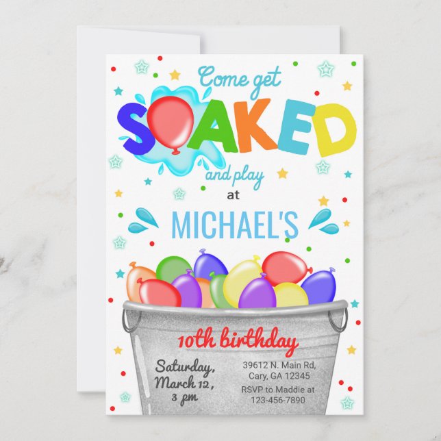 Get soaked, water balloons boy birthday invite. invitation (Front)