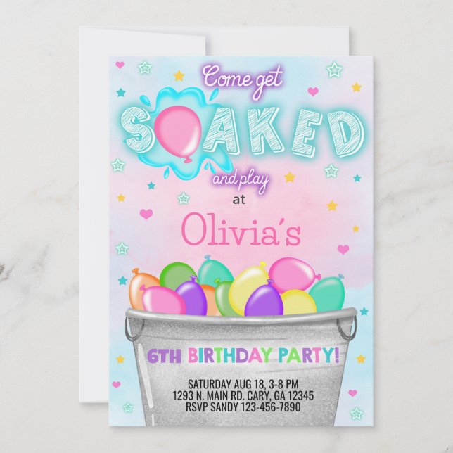 Get soaked water balloons girl birthday invite. in invitation (Front)