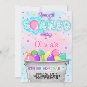 Get soaked water balloons girl birthday invite. in invitation