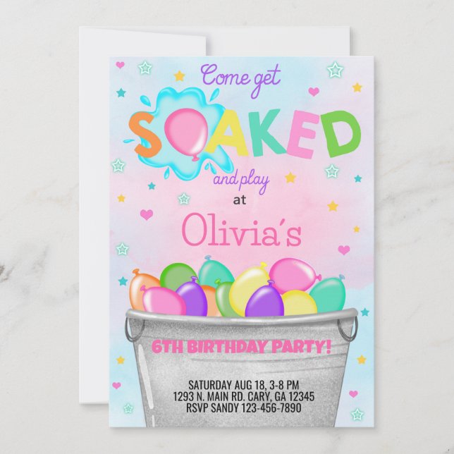 Get soaked water balloons girl birthday invite. invitation (Front)