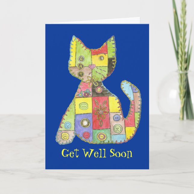 Get Well Card with patchwork cat (Front)