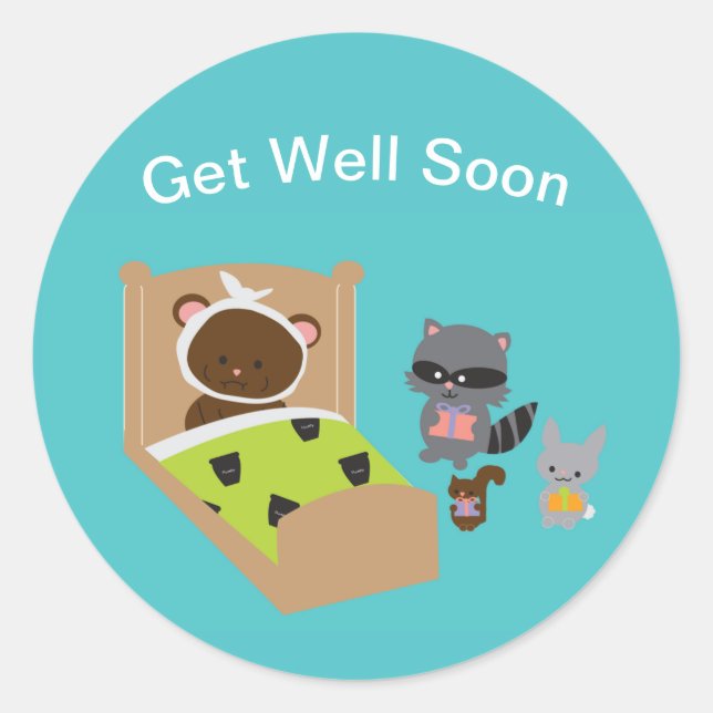Get Well Cute Animals Personalise Classic Round Sticker (Front)