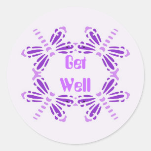 Get Well, dragonflies in purple & mauve Classic Round Sticker