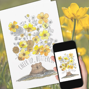 Get Well Groundhog and Flowers Watercolor Card