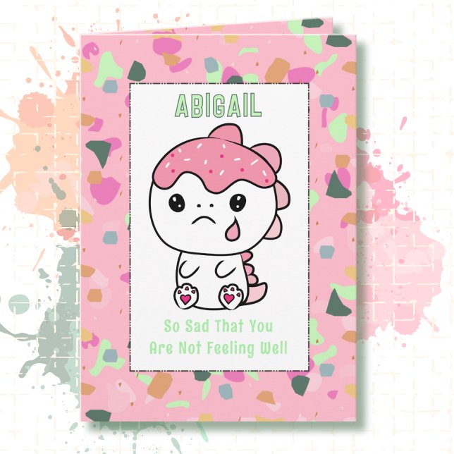 Get Well Little Girl PInk Dinosaur Cartoon Cute  Card (Creator Uploaded)