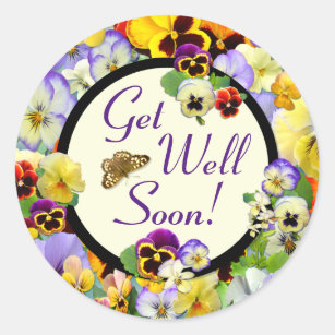 Get Well Pansy Design - add your text Classic Round Sticker