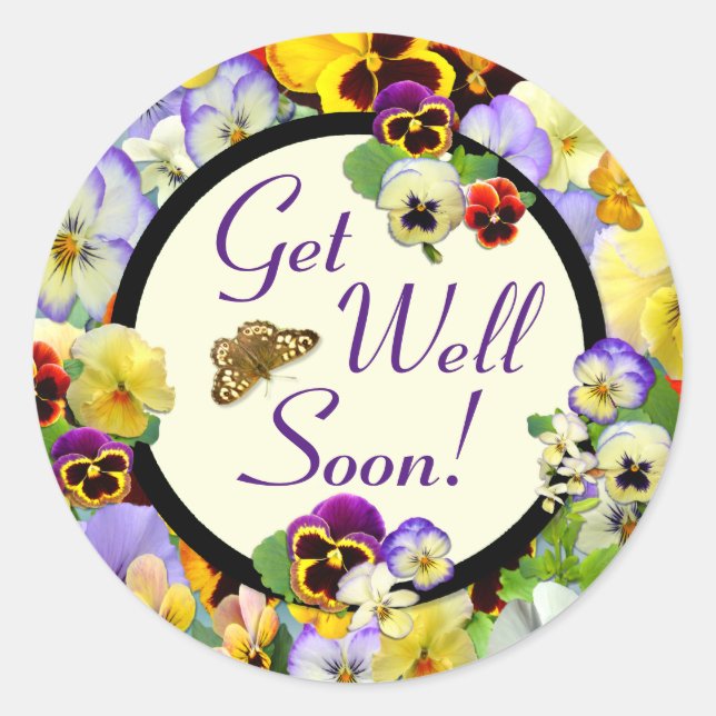 Get Well Pansy Design - add your text Classic Round Sticker (Front)