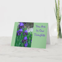 GET WELL/PURPLE IRISES, "YOU ARE IN OUR THOUGHTS"