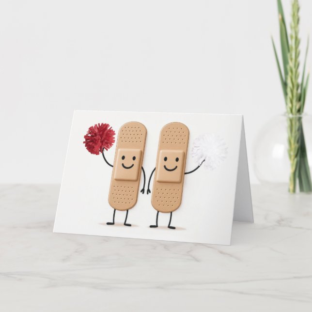 Get Well Soon Bandages With Cheerleading Pompoms Card (Front)